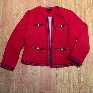 Talbots Red Cotton Boucle Jacket with Navy/Red Ribbon Gold buttons detail US 12